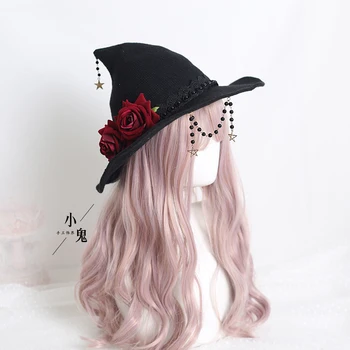 Juodos Spalvos Gotikos Helovinas Ragana Skrybėlę Lankas Lolita Floppy Skrybėlę Lolita Skara Megzti Wizard Hat