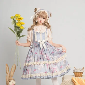 Japonijos saldus lolita dirželis suknelė vintage puikus aukštos juosmens mielas spausdinimo viktorijos suknelė kawaii girl gothic lolita cos loli