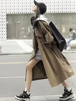Korėjos Y2K Stiliaus Moterų Rudenį, Žiemą Galiniais Hoodie Tranšėjos Paltai Prarasti Dizaino Ilgas Švarkelis Su Diržu Moterų viršutinių drabužių siuvimas