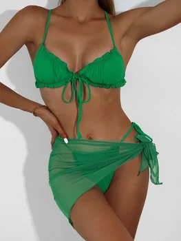 3pack Ruched Pinikai Thong Bikini 2022 Paplūdimio maudymosi kostiumėlį Sijonas Moterims Dviejų dalių maudymosi Kostiumėliai, Trikampis Vasaros Maudymosi Kostiumas