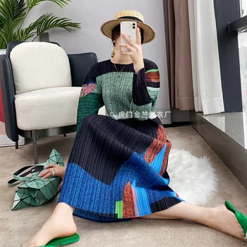 Miyake plisuotos suknelė moterų pavasario 2022 naujų dizainerių spausdinti didelio dydžio slim mados temperamentas viduryje ilgis-line moterų suknelė