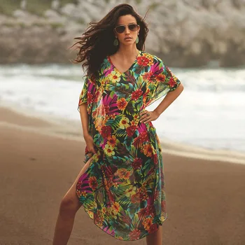 Boho Gėlių Spausdinti Bikini Danga-ups Seksualus V-kaklo Vasaros Paplūdimio Suknelė Tunika Kaftan Moterų Paplūdimio maudymosi kostiumėlį Padengti Iki Chalatas De Plage