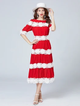 Mados moterų suknelė Dizaineris Vasaros Raudona frock Moterų trumpomis rankovėmis Sujungimas Nėrinių Aplikacijos Elegantiškas Atostogų Šalis Midi Suknelė