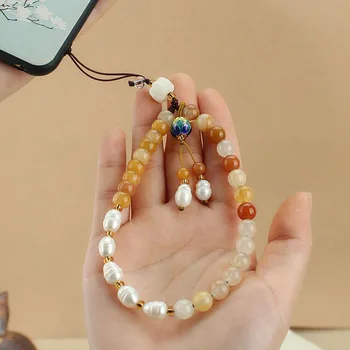 Kinijos elementas mobiliojo telefono virvelės aukso šilko jade pearl trumpas mobiliojo telefono grandinės riešo virvę nuimamas anti-lost unisex