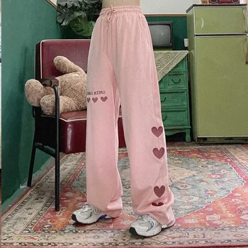 Harajuku Streetwear Hipių Palazzo Kelnės Moterims Retro Rožinė Meilė Siuvinėjimo Moterų Korėjos Studentų Prarasti Tiesiai Aukšto Liemens Kelnės