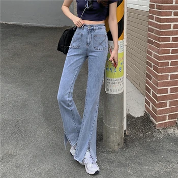 Korėjos Mados High Waisted Moteris, Džinsai Atsitiktinis Streetwear Lim-Tinka Liesas Džinsinio audinio Kelnės Moteriška Merginos Vintage Džinsai Bell-dugnas