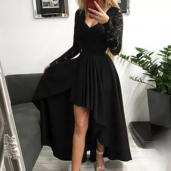 Elegantiškas Nereguliarus Hem-line Juodos Suknelės Moterims Gėlių Nėrinių ilgomis Rankovėmis Šalies Klubas Suknelė Sūpynės Prom Vakare Chalatai Maxi Suknelės