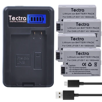 Tectra 4PCS LP-E8 LP E8 LPE8 Li-ion Baterija + LCD USB Kroviklis skirtas Canon EOS 550D 600D 650D 700D X4 X5 X6i X7i T2i T3i T4i T5i