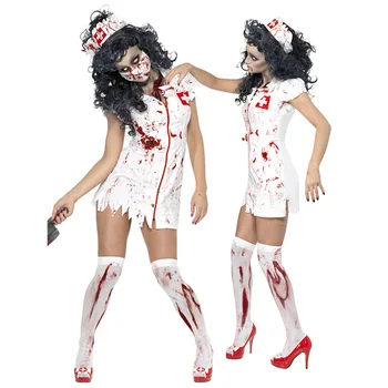 Naujausias Suaugusiųjų Helovinas Baisu Zombie Slaugytoja Kostiumas Moterims Seksualus Slaugytoja White Dress Helovinas Šalis Cosplay Baisu Šļakstēties Kostiumas