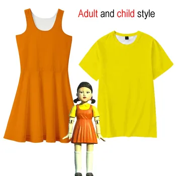 Naujas žaidimas kalmarai lėlės kostiumas suaugusiųjų vaikų Cosplay suknelė + T-shirt geltona kostiumas Helovinas Kalėdų vakarėlį kostiumai, plius dydis 90-190