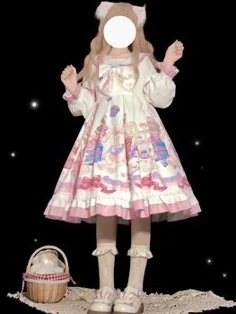 Rudenį Japanese Lolita Cute Cartoon Ponios arbatėlė Princesė Derliaus ilgomis Rankovėmis OP Suknelė Kawaii Girl Gothic Lolita Dress