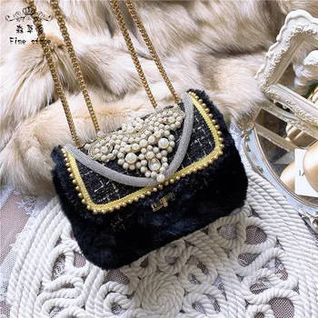 Retro pearl nešiojamų mažas kvadratas krepšys moteriška rudens ir žiemos naujas mados furry vakarienė 