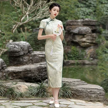 Tradicija Mandarinų Apykaklės Siuvinėjimo Šifono Ilgai Stiliaus Cheongsam Elegantiškas Moteris Slim Trumpas Rankovės Qipao Suknelė Vestidos