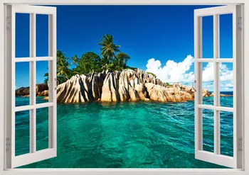 Gražus atogrąžų salos paplūdimio sienos lipdukai 3D langų dekoras, paplūdimio nuimamas sienos vinilo lipdukas dekoras, didžiulis sienos meno, miegamojo d
