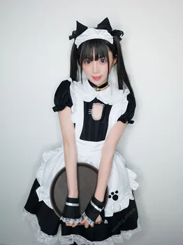 Mergelė Cosplay Kostiumų Anime Lolita Sexy kačių Apranga Medvilnės Prijuostė Nėrinių Mini Suknelė Mielas Moterims