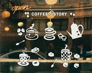 Kavos Istorija Takeaway taurės Kavinė Parduotuvė vinilo lipdukas Lango Sienos meno pasirašyti dekoras