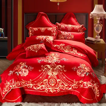 2019 Prabanga siuvinėjimo patalynės komplektas Antklode Padengti Lova Skleisti Nustatyti užvalkalas raudona satino lova padengti užvalkalas 4/6/9pcs vestuvių