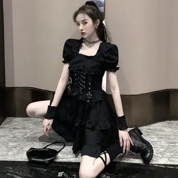 Japonijos Moterų, Black, Gothic Lolita Dark Akademinės Bendruomenės Suknelė Renesanso Retro Chic Punk Stiliaus Sluoksniuotos Rankovėmis Mini Mergina Suknelės