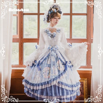 Melonshow Klasikinis Lolita Dress Viktorijos Suknelė Moterims Balta Mėlyna Saldus OP Sijonas Derliaus Moteris Suknelės Princesė Suknelė