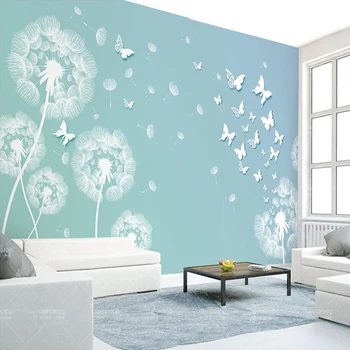 Dekoratyvinės tapetų Madingas ir paprastas mėlyna 3d kiaulpienių drugelis fono sienos