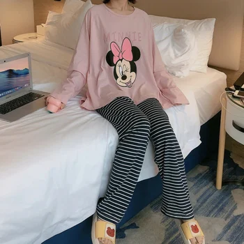 2021 Nauja Rudens Žiemos Minnie Mouse Sleepwear Pajama Komplektai Moterims ilgomis Rankovėmis Viršų ir Dryžuotos Kelnės, Kostiumas Ponios Homewear Rudenį