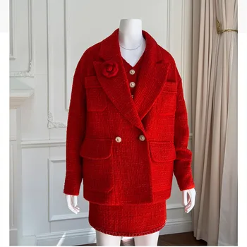 2022 m. Rudens Žiemos Elegantiškas Moteris Aukštos Kokybės Raudonos spalvos, 70%Vilnos, Tvido Paltas C531