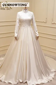 Elegantiškas Satino Appliques Ilgomis Rankovėmis Musulmonų Vestuvių Suknelė Aukštu Kaklu Dubajus Arabų Hijab Nuotakos Suknelė Linijos, Vestidos De Novia