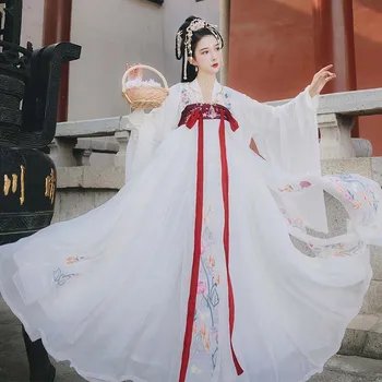 Tang Dinastija Senovės Kinų Tradicinės Elegantiška Balta Hanfu Skraiste Suknelė Pasakų Princesė Siuvinėjimo Etape Flok Kostiumas Moterims