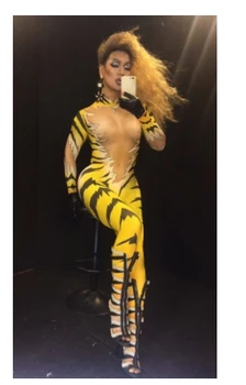 Geltona leotard Elastinga jumpsuit Moterų Klubą Pole dance DJ pasirodymas kostiumas Tigras spausdinimo slim bodysuit etape parodyti nešioja